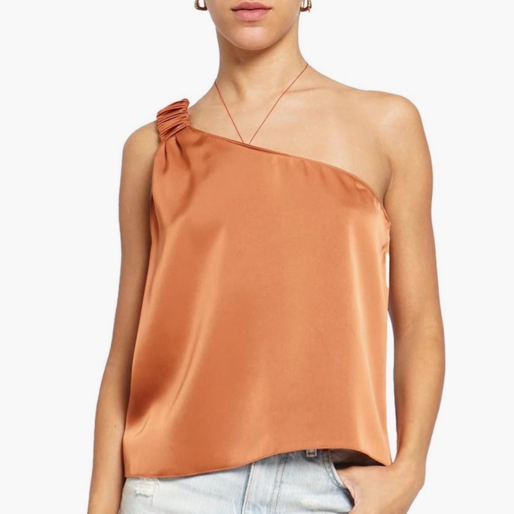 New Know One Cares One Shoulder Satin Tank Shirt Brown Rust Medium Cropped Silky
